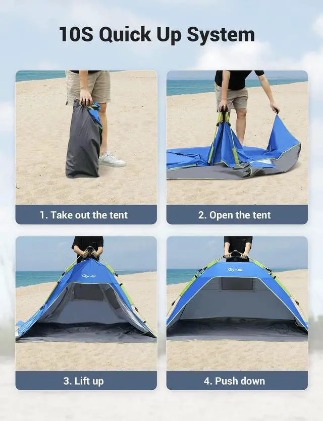 Alt view image 7 of 7 - Glymnis Pop Up Beach Tent Sun Shade Shelter for 4 Person with UPF 50+ Easy Setup, 3 Ventilation Windows, Extended Floor Family Instant Beach Tent