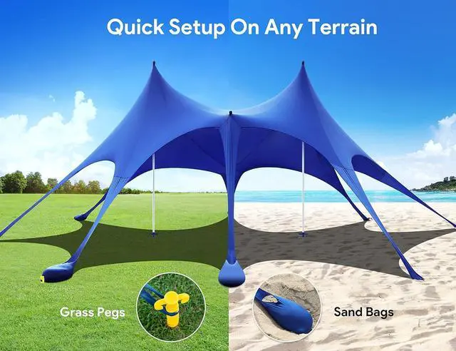 Alt view image 7 of 7 - Osoeri Beach Tent, 20 x 13ft Camping Sun Shelter UPF50+ with 8 Sandbags, Sand Shovels, Ground Pegs & Stability Poles, Shade Canopy for Trips, Fishing, Backyard Fun or Picnics, Blue