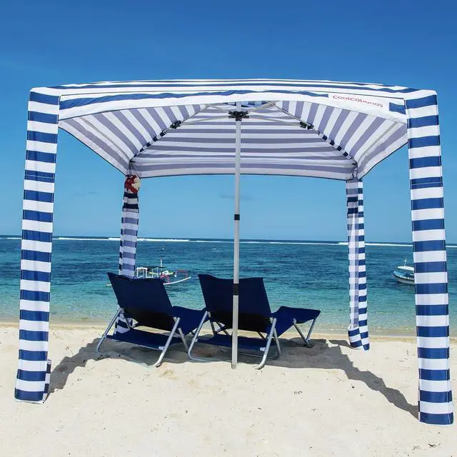 Main image of CoolCabana Beach Shade Tent - Easy Setup, UPF 50+ Protection, Large & Medium Sizes, Compact & Wind Resistant - Beach Cabana for The Whole Family - Navy Stripes, Medium