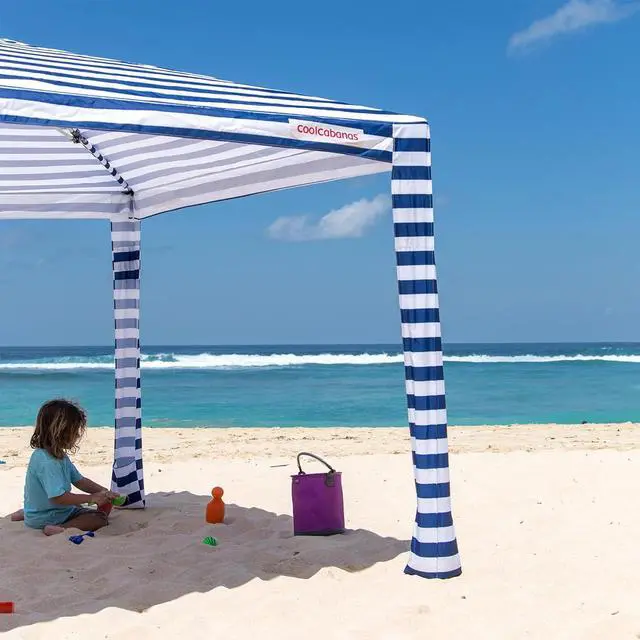 Alt view image 3 of 5 - CoolCabana Beach Shade Tent - Easy Setup, UPF 50+ Protection, Large & Medium Sizes, Compact & Wind Resistant - Beach Cabana for The Whole Family - Navy Stripes, Medium
