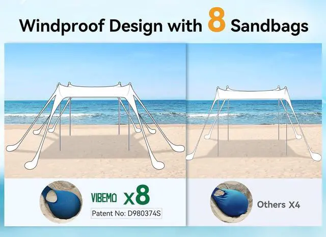 Alt view image 2 of 7 - Beach Tent, UPF50+ Protection Sun Shelter with 8 Sandbags, 10 x 10ft, Includes Sand Shovel, Ground Pegs & Stability Poles, Outdoor Beach Canopy Pop Up Sunshade for Camping, Fishing, or Picnics