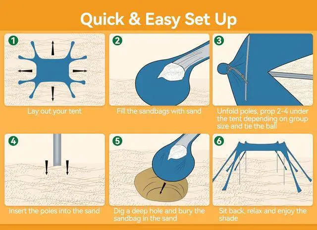 Alt view image 4 of 7 - Beach Tent, UPF50+ Protection Sun Shelter with 8 Sandbags, 10 x 10ft, Includes Sand Shovel, Ground Pegs & Stability Poles, Outdoor Beach Canopy Pop Up Sunshade for Camping, Fishing, or Picnics