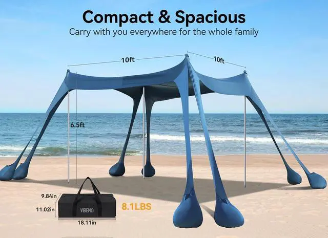 Alt view image 7 of 7 - Beach Tent, UPF50+ Protection Sun Shelter with 8 Sandbags, 10 x 10ft, Includes Sand Shovel, Ground Pegs & Stability Poles, Outdoor Beach Canopy Pop Up Sunshade for Camping, Fishing, or Picnics