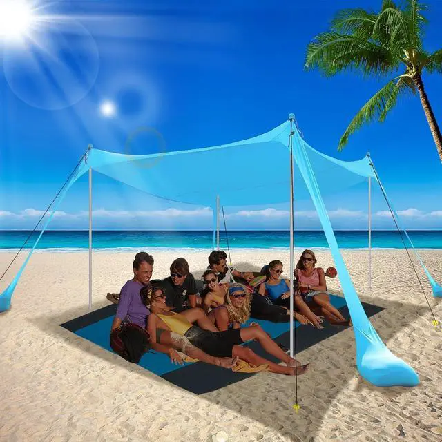 Alt view image 2 of 7 - BOTINDO Family Beach Tent Canopy Sun Shade, Pop Up Grande Beach Tent Sun Shelter Stability 4 Poles with Portable Carry Bag Outdoor Shade for Beach Fishing Backyard Camping Picnics