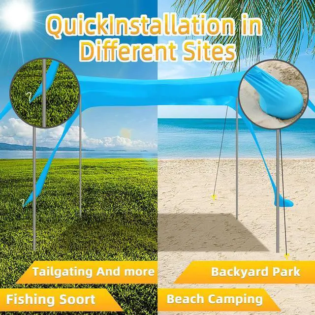Alt view image 7 of 7 - BOTINDO Family Beach Tent Canopy Sun Shade, Pop Up Grande Beach Tent Sun Shelter Stability 4 Poles with Portable Carry Bag Outdoor Shade for Beach Fishing Backyard Camping Picnics