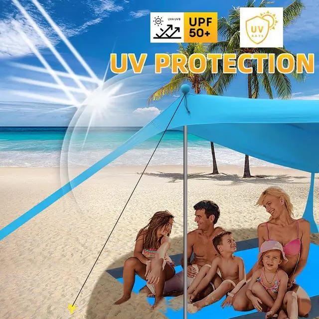 Alt view image 4 of 7 - BOTINDO Family Beach Tent Canopy Sun Shade, Pop Up Grande Beach Tent Sun Shelter Stability 4 Poles with Portable Carry Bag Outdoor Shade for Beach Fishing Backyard Camping Picnics