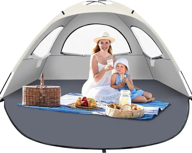Main image of Beach Tent Sun Shelter for 3-4/5-6Person, Lightweight Beach Tent with UV Protection, 3 Mesh Roll Up Windows & 8.0mm Fiberglass, Easy Assemble