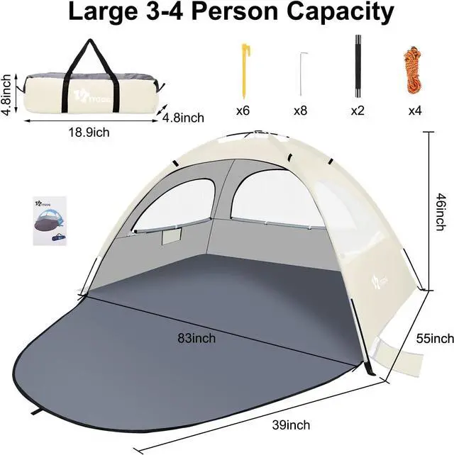 Alt view image 2 of 6 - Beach Tent Sun Shelter for 3-4/5-6Person, Lightweight Beach Tent with UV Protection, 3 Mesh Roll Up Windows & 8.0mm Fiberglass, Easy Assemble