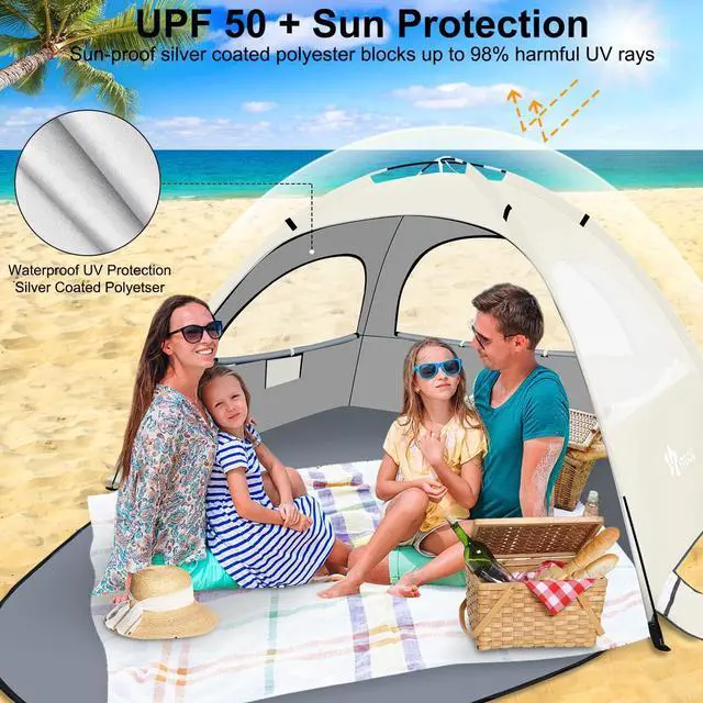 Alt view image 3 of 6 - Beach Tent Sun Shelter for 3-4/5-6Person, Lightweight Beach Tent with UV Protection, 3 Mesh Roll Up Windows & 8.0mm Fiberglass, Easy Assemble