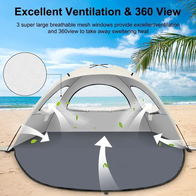 Alt view image 4 of 6 - Beach Tent Sun Shelter for 3-4/5-6Person, Lightweight Beach Tent with UV Protection, 3 Mesh Roll Up Windows & 8.0mm Fiberglass, Easy Assemble