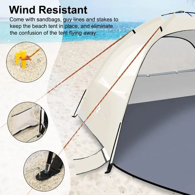 Alt view image 6 of 6 - Beach Tent Sun Shelter for 3-4/5-6Person, Lightweight Beach Tent with UV Protection, 3 Mesh Roll Up Windows & 8.0mm Fiberglass, Easy Assemble