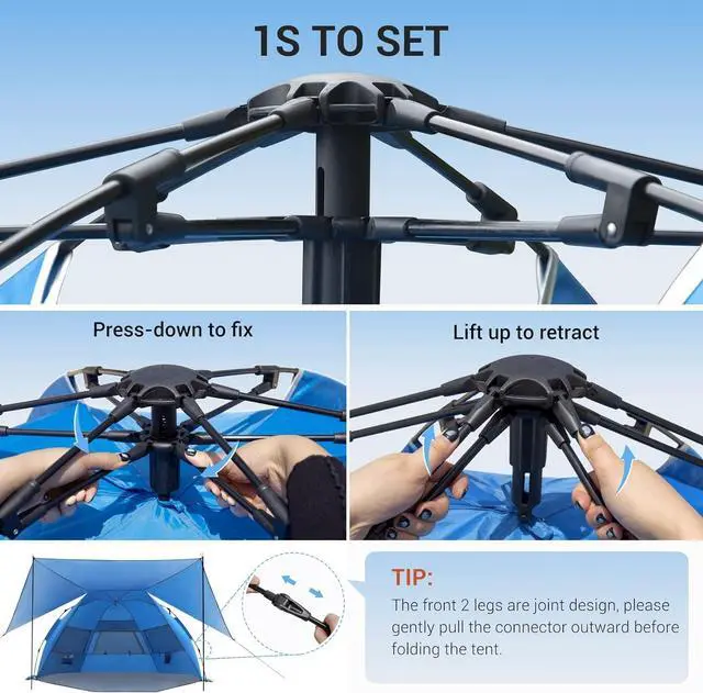 Alt view image 3 of 7 - Elegear Beach Tent with 360° Removable Canopy, 4-6 Person Pop Up Sun Shade Shelter, UPF 50+ Automated Installation Double Silver Coating Portable Lightweight Beach Cabana for Beach