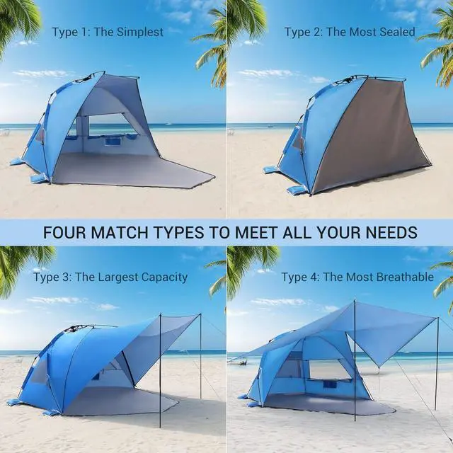 Alt view image 5 of 7 - Elegear Beach Tent with 360° Removable Canopy, 4-6 Person Pop Up Sun Shade Shelter, UPF 50+ Automated Installation Double Silver Coating Portable Lightweight Beach Cabana for Beach