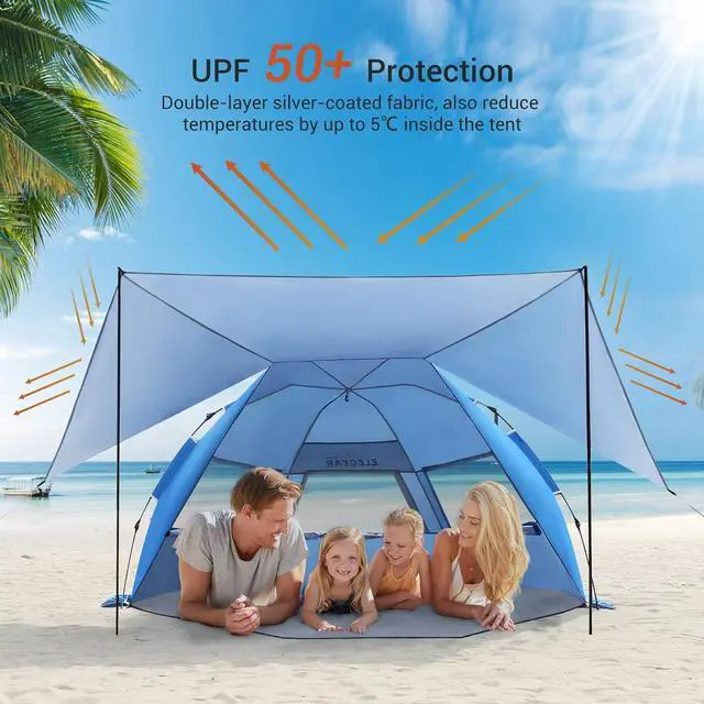 Alt view image 4 of 7 - Elegear Beach Tent with 360° Removable Canopy, 4-6 Person Pop Up Sun Shade Shelter, UPF 50+ Automated Installation Double Silver Coating Portable Lightweight Beach Cabana for Beach