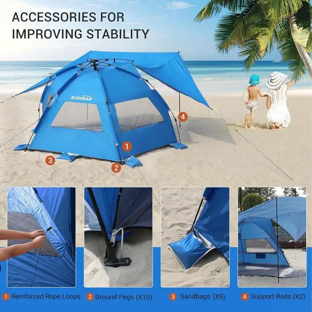 Alt view image 6 of 7 - Elegear Beach Tent with 360° Removable Canopy, 4-6 Person Pop Up Sun Shade Shelter, UPF 50+ Automated Installation Double Silver Coating Portable Lightweight Beach Cabana for Beach