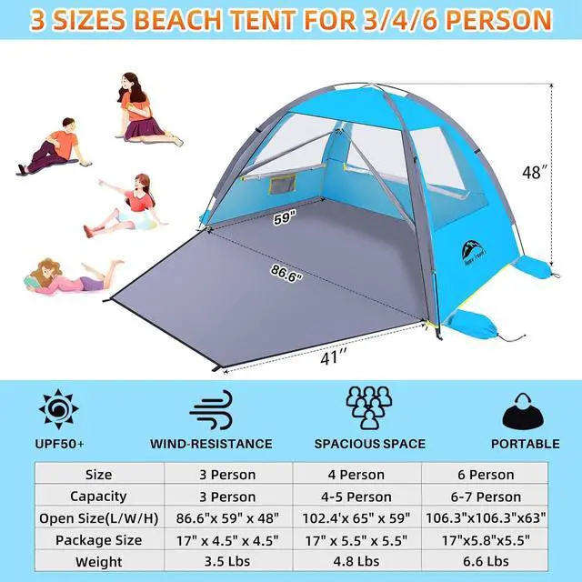 Alt view image 2 of 7 - Beach Tent, UPF 50+ UV Protection Sun Shade Shelter for 3/4/5/6/7/8 Person, Portable Beach Canopy for Family & Baby, Lightweight & Easy Setup Beach Cabana with 3 Ventilation Mesh Windows