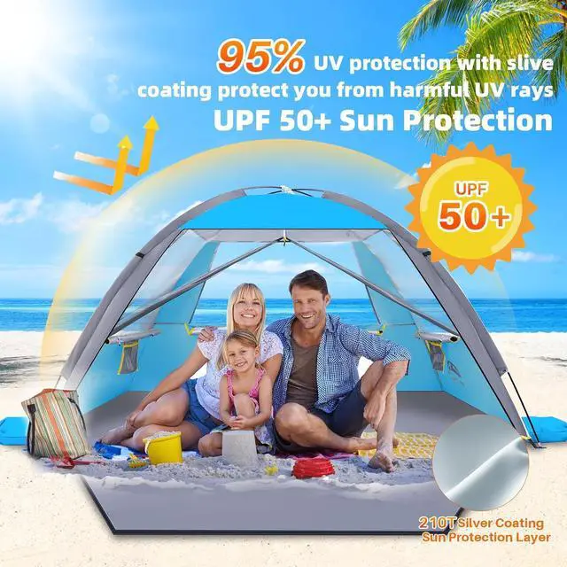 Alt view image 4 of 7 - Beach Tent, UPF 50+ UV Protection Sun Shade Shelter for 3/4/5/6/7/8 Person, Portable Beach Canopy for Family & Baby, Lightweight & Easy Setup Beach Cabana with 3 Ventilation Mesh Windows