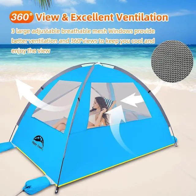 Alt view image 5 of 7 - Beach Tent, UPF 50+ UV Protection Sun Shade Shelter for 3/4/5/6/7/8 Person, Portable Beach Canopy for Family & Baby, Lightweight & Easy Setup Beach Cabana with 3 Ventilation Mesh Windows