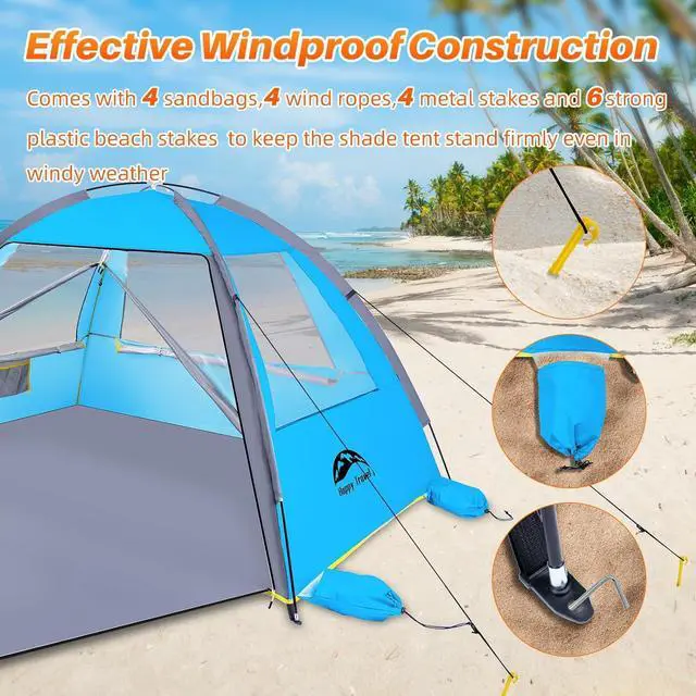 Alt view image 6 of 7 - Beach Tent, UPF 50+ UV Protection Sun Shade Shelter for 3/4/5/6/7/8 Person, Portable Beach Canopy for Family & Baby, Lightweight & Easy Setup Beach Cabana with 3 Ventilation Mesh Windows