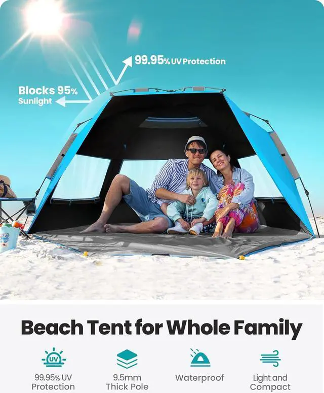 Alt view image 3 of 7 - Beach Tent with Blackout Shelter Technology, Portable Beach Shade Sun Shelter Canopy for 4-6 Person with UPF 50+ UV Protection, Easy Setup Pop Up Tent Family Size