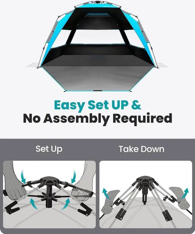 Alt view image 5 of 7 - Beach Tent with Blackout Shelter Technology, Portable Beach Shade Sun Shelter Canopy for 4-6 Person with UPF 50+ UV Protection, Easy Setup Pop Up Tent Family Size