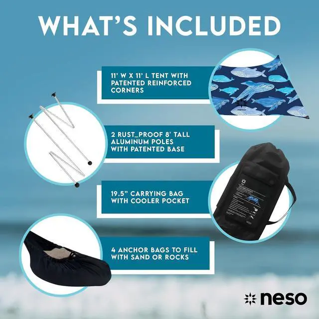 Alt view image 6 of 7 - Neso Gigante - Portable Beach Tent - Ideal to Enjoy with Family and Friends - UPF 50+, Water-Resistant, and Lightweight - Save The Whales, 11' x 11'