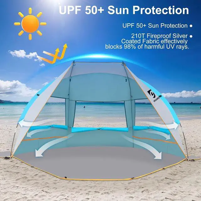 Alt view image 2 of 7 - Beach Tent 2-3 Person Sun Shelter UPF 50+ with Extended Waterproof Pe Floor & 3 Mesh Roll Up Windows Fits, Portable Beach Shade Easy Setup for Outdoor Camping, Indoor, Fishing, Yard. (Blue)