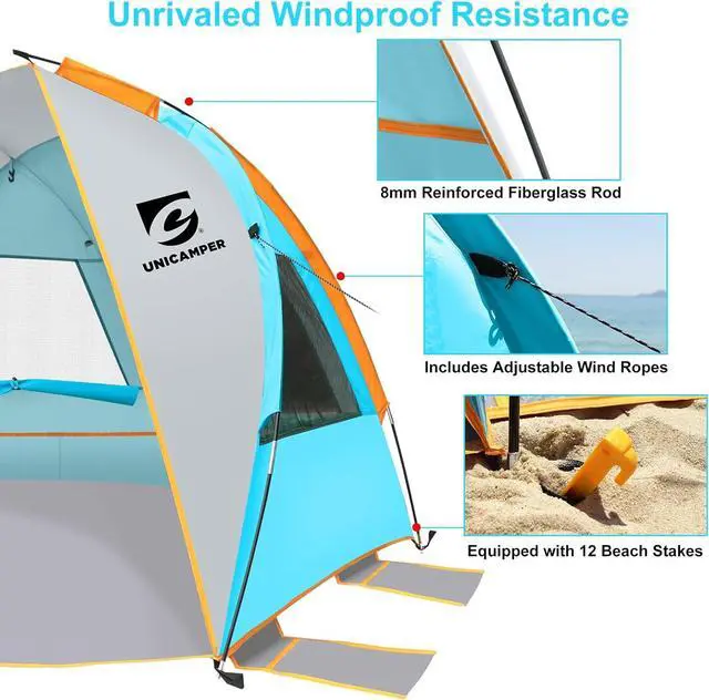 Alt view image 3 of 7 - Beach Tent 2-3 Person Sun Shelter UPF 50+ with Extended Waterproof Pe Floor & 3 Mesh Roll Up Windows Fits, Portable Beach Shade Easy Setup for Outdoor Camping, Indoor, Fishing, Yard. (Blue)