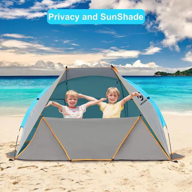 Alt view image 4 of 7 - Beach Tent 2-3 Person Sun Shelter UPF 50+ with Extended Waterproof Pe Floor & 3 Mesh Roll Up Windows Fits, Portable Beach Shade Easy Setup for Outdoor Camping, Indoor, Fishing, Yard. (Blue)