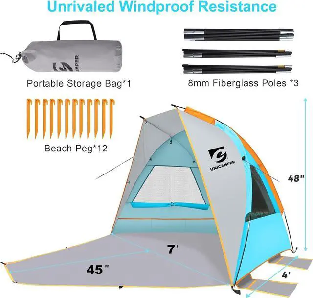 Alt view image 6 of 7 - Beach Tent 2-3 Person Sun Shelter UPF 50+ with Extended Waterproof Pe Floor & 3 Mesh Roll Up Windows Fits, Portable Beach Shade Easy Setup for Outdoor Camping, Indoor, Fishing, Yard. (Blue)