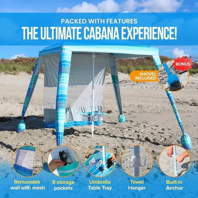 Alt view image 2 of 6 - Copa 6x6 Easy Up Beach Cabana - Beach Tent Sun Shelter with Privacy Wall, Beach Canopy includes Umbrella Table Tray, Towel hanger, and Sand Anchor Beach Shade (Flowers)