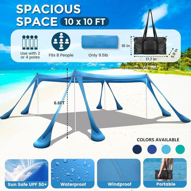 Alt view image 2 of 7 - Beach Canopy Beach Tent Pop Up Shade 10x10ft Sun Shelter UPF50+ with 8 Sandbags-2 Sand Shovel-4 Aluminum Poles-Ground Pegs-Portable Carrying Bag for Outdoor Family Camping Fishing Yard Picnic