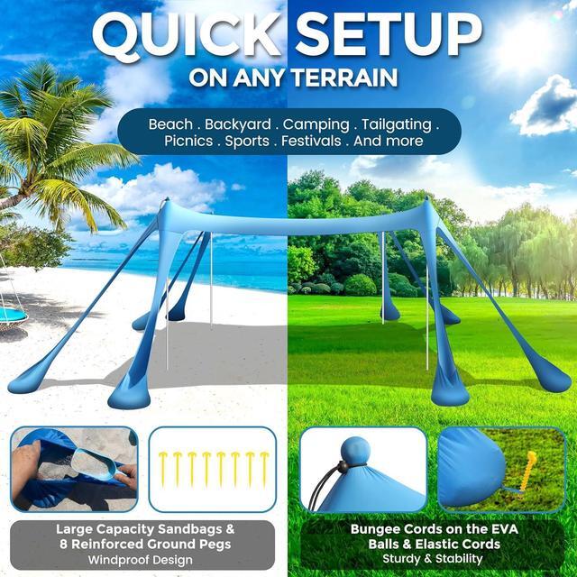 Alt view image 3 of 7 - Beach Canopy Beach Tent Pop Up Shade 10x10ft Sun Shelter UPF50+ with 8 Sandbags-2 Sand Shovel-4 Aluminum Poles-Ground Pegs-Portable Carrying Bag for Outdoor Family Camping Fishing Yard Picnic