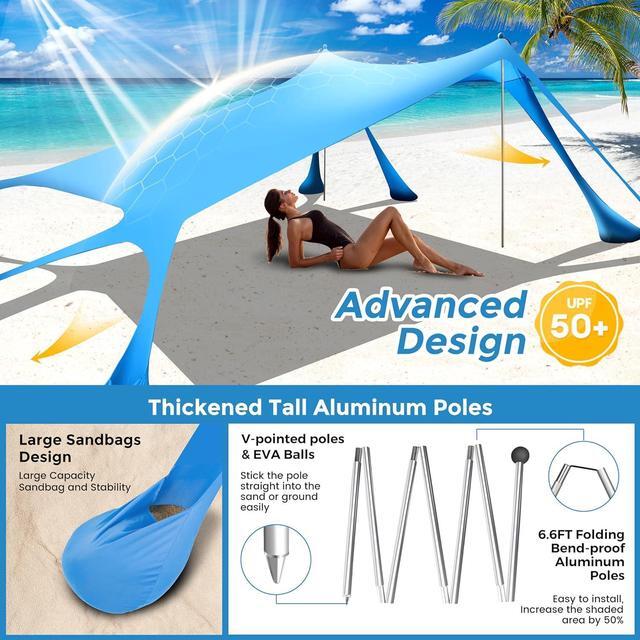 Alt view image 4 of 7 - Beach Canopy Beach Tent Pop Up Shade 10x10ft Sun Shelter UPF50+ with 8 Sandbags-2 Sand Shovel-4 Aluminum Poles-Ground Pegs-Portable Carrying Bag for Outdoor Family Camping Fishing Yard Picnic