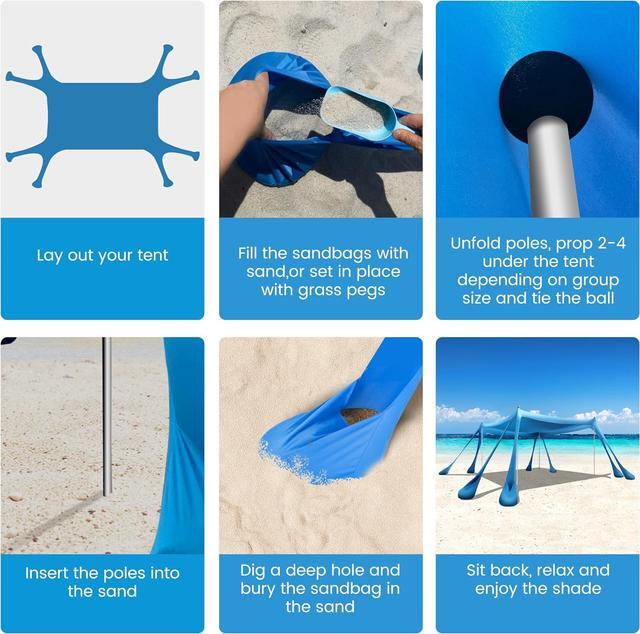 Alt view image 7 of 7 - Beach Canopy Beach Tent Pop Up Shade 10x10ft Sun Shelter UPF50+ with 8 Sandbags-2 Sand Shovel-4 Aluminum Poles-Ground Pegs-Portable Carrying Bag for Outdoor Family Camping Fishing Yard Picnic