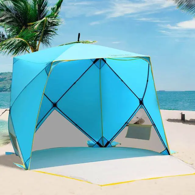 Main image of Pop Up Beach Tent, Portable Shade Sun Shelter UPF50+ UV Protection for 4 Person Extendable Floor for Fishing Hiking Camping, Waterproof Windproof(Blue)