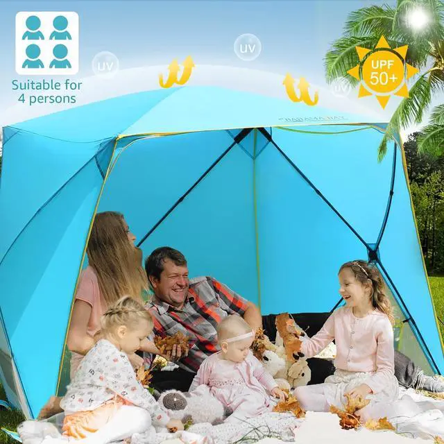 Alt view image 2 of 7 - Pop Up Beach Tent, Portable Shade Sun Shelter UPF50+ UV Protection for 4 Person Extendable Floor for Fishing Hiking Camping, Waterproof Windproof(Blue)