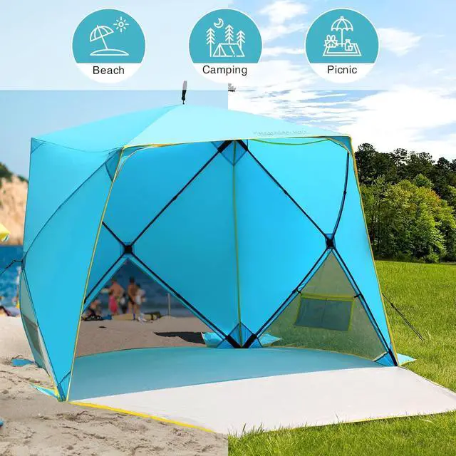 Alt view image 4 of 7 - Pop Up Beach Tent, Portable Shade Sun Shelter UPF50+ UV Protection for 4 Person Extendable Floor for Fishing Hiking Camping, Waterproof Windproof(Blue)