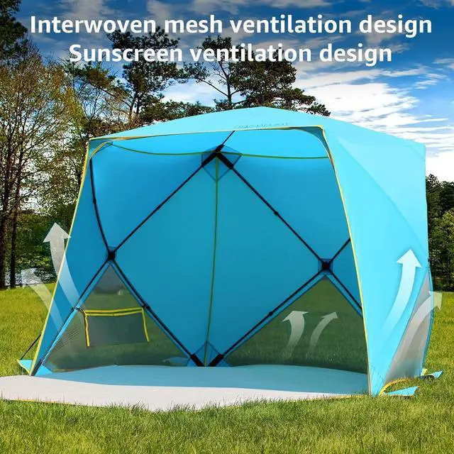 Alt view image 5 of 7 - Pop Up Beach Tent, Portable Shade Sun Shelter UPF50+ UV Protection for 4 Person Extendable Floor for Fishing Hiking Camping, Waterproof Windproof(Blue)