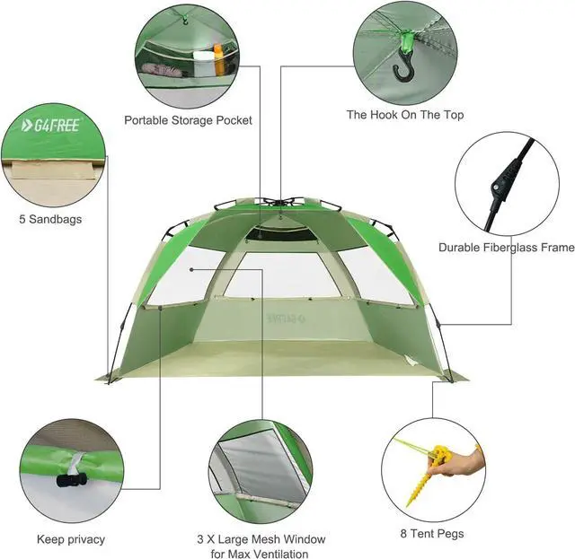 Alt view image 5 of 7 - G4Free Easy Set up Beach Tent Deluxe XL, Pop up Sun Shelter for 3-4 Persons with UPF 50+ Protection Beach Shade with Extended Floor
