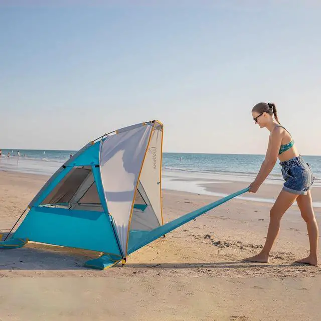 Alt view image 4 of 7 - WolfWise 2-3 Person Portable Beach Tent UPF 50+ Sun Shade Canopy Umbrella with Extendable Floor, Blue