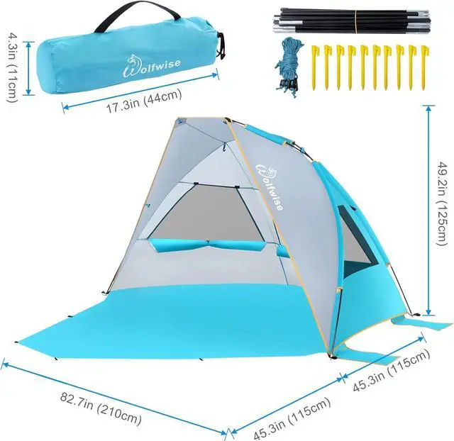 Alt view image 7 of 7 - WolfWise 2-3 Person Portable Beach Tent UPF 50+ Sun Shade Canopy Umbrella with Extendable Floor, Blue