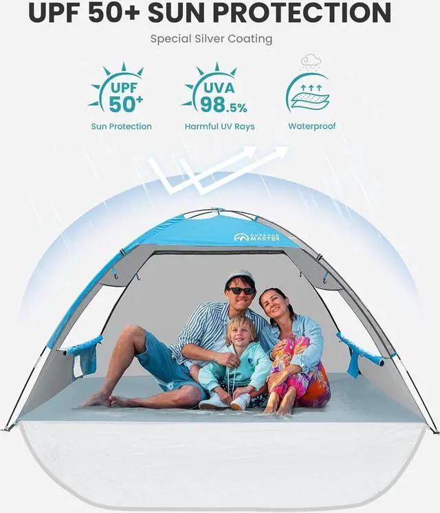 Alt view image 3 of 7 - Beach Tent for 3 Person with 2 Doors, Easy Setup Sun Shade Shelter, Portable Beach Shade Sun Canopy with UPF 50+ UV Protection, Extendable Floor with Carrying Bag