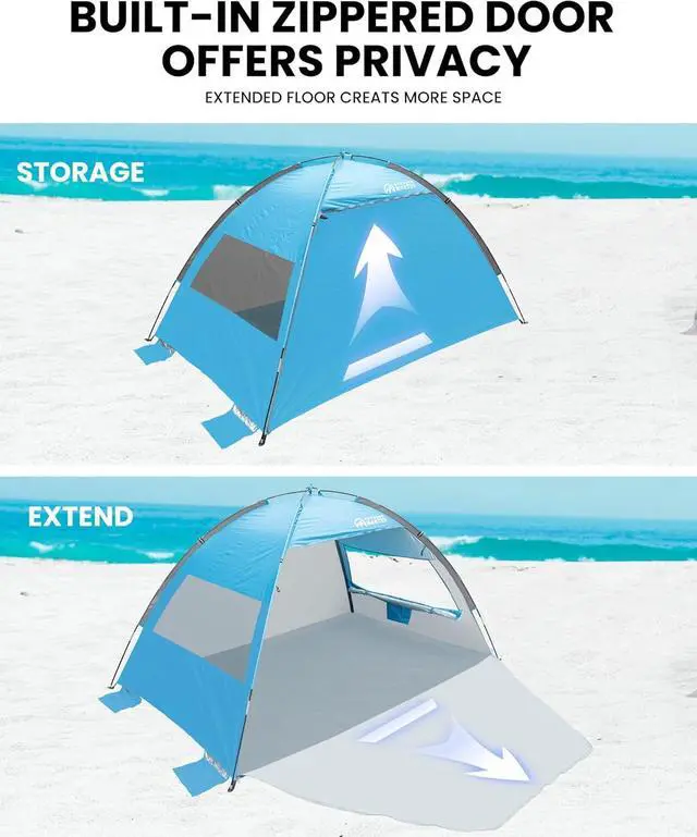 Alt view image 4 of 7 - Beach Tent for 3 Person with 2 Doors, Easy Setup Sun Shade Shelter, Portable Beach Shade Sun Canopy with UPF 50+ UV Protection, Extendable Floor with Carrying Bag