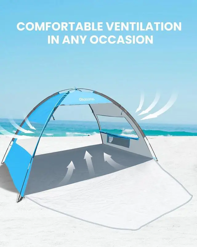 Alt view image 5 of 7 - Beach Tent for 3 Person with 2 Doors, Easy Setup Sun Shade Shelter, Portable Beach Shade Sun Canopy with UPF 50+ UV Protection, Extendable Floor with Carrying Bag