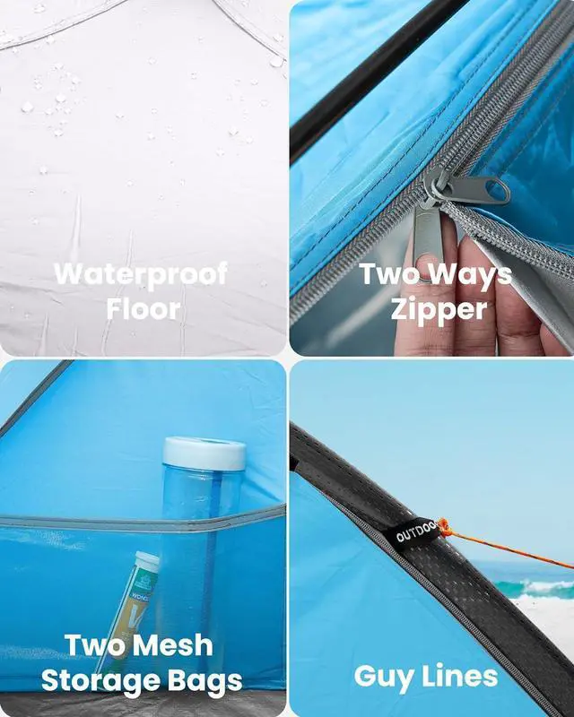 Alt view image 6 of 7 - Beach Tent for 3 Person with 2 Doors, Easy Setup Sun Shade Shelter, Portable Beach Shade Sun Canopy with UPF 50+ UV Protection, Extendable Floor with Carrying Bag