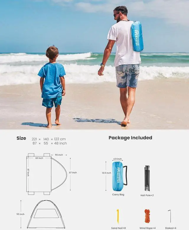 Alt view image 7 of 7 - Beach Tent for 3 Person with 2 Doors, Easy Setup Sun Shade Shelter, Portable Beach Shade Sun Canopy with UPF 50+ UV Protection, Extendable Floor with Carrying Bag