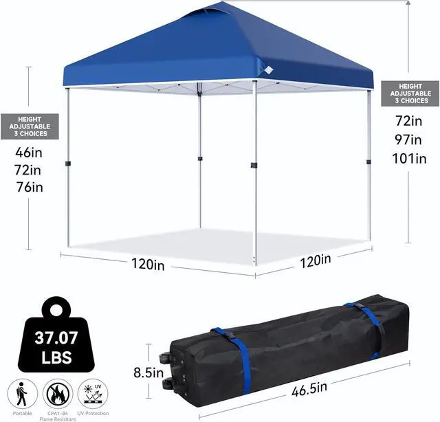 Alt view image 2 of 7 - Nazhura 10' x 10' Pop Up Canopy Tent with Sand Weight Bag, Freestanding Sun Shelter for Picnic and Camping, One Person Setup and Height Adjustable (Blue)