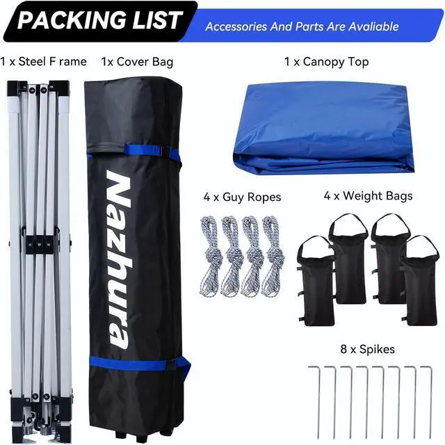 Alt view image 3 of 7 - Nazhura 10' x 10' Pop Up Canopy Tent with Sand Weight Bag, Freestanding Sun Shelter for Picnic and Camping, One Person Setup and Height Adjustable (Blue)