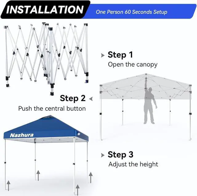 Alt view image 4 of 7 - Nazhura 10' x 10' Pop Up Canopy Tent with Sand Weight Bag, Freestanding Sun Shelter for Picnic and Camping, One Person Setup and Height Adjustable (Blue)